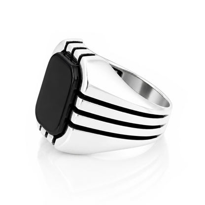 Modern Contour Ribbed Black 925 Sterling Silver Mens Ring