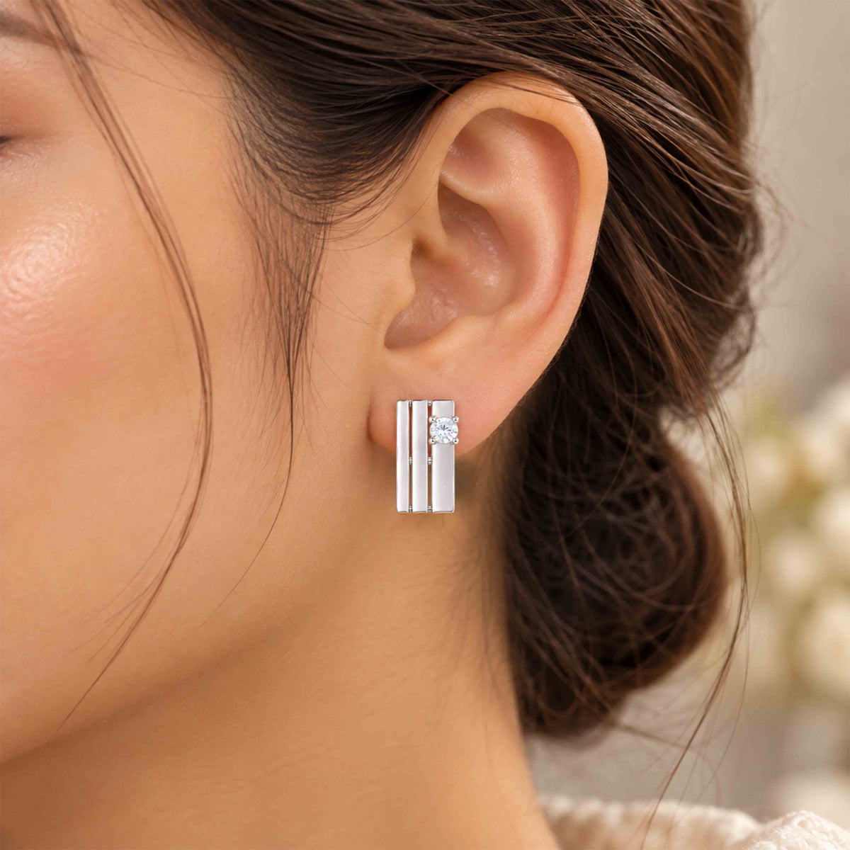 Modern Triple Bar Solitaire Silver Earring