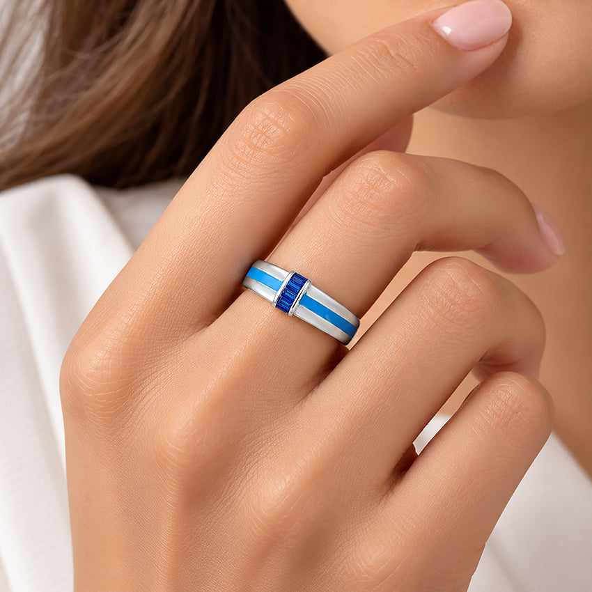 Modern Blue Channel Band Sparkle 925 Sterling Silver Ring for women
