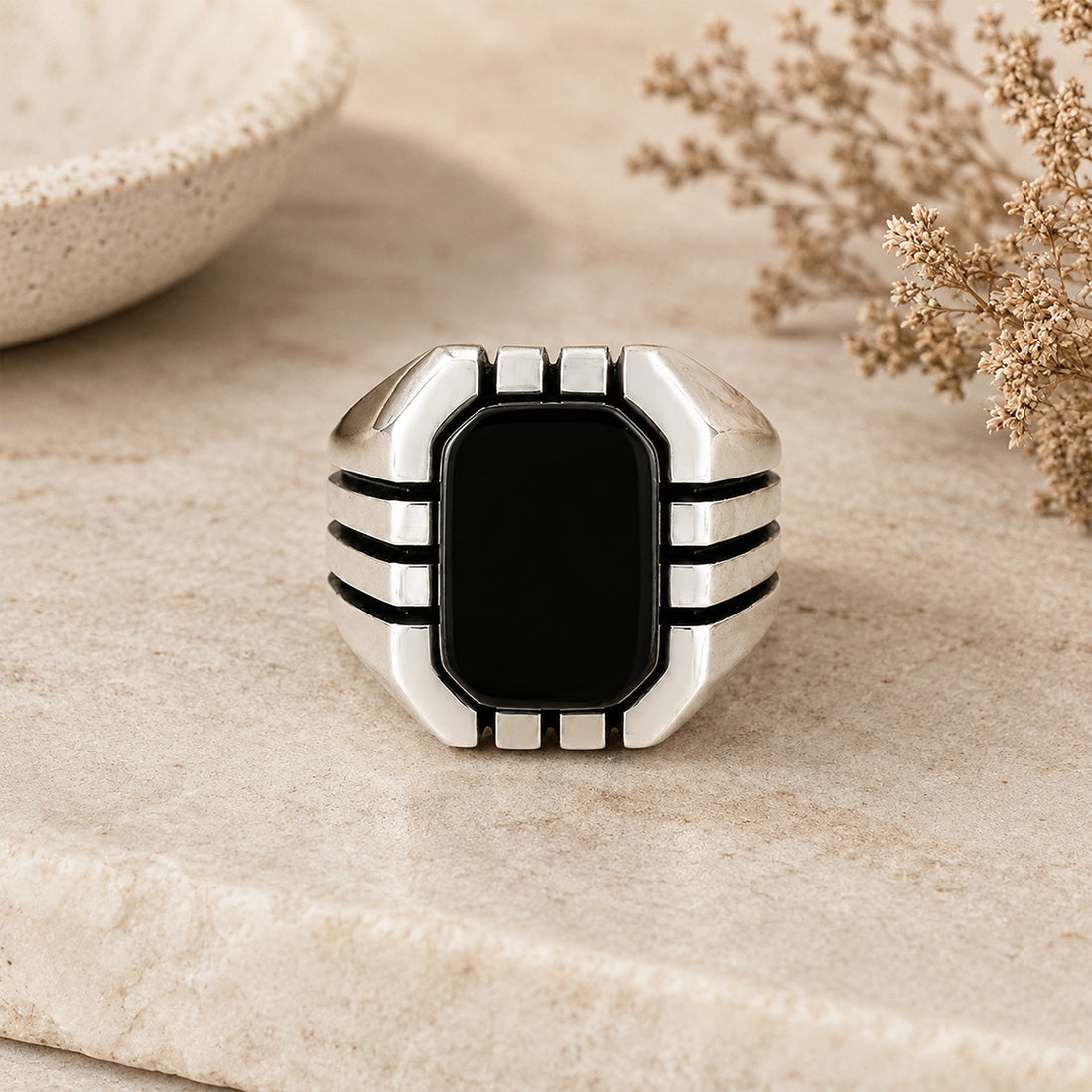 Modern Contour Ribbed Black 925 Sterling Silver Mens Ring
