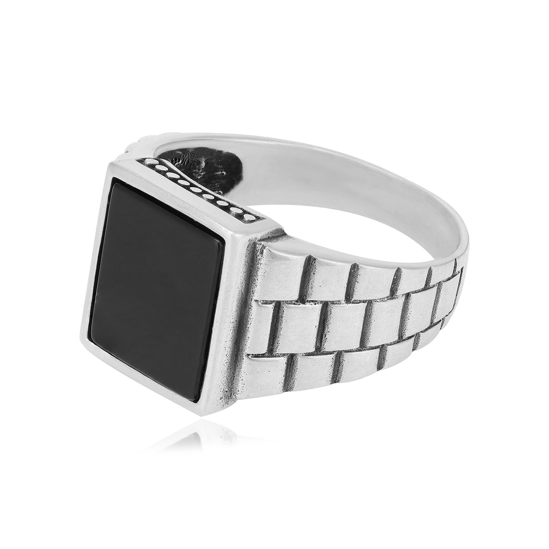 Modern Edge Black Cube Rhodium 925 Brick Pattern Ring 
