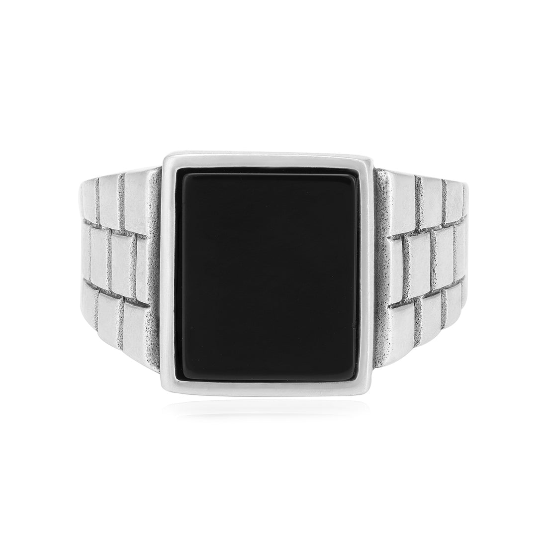 Modern Edge Black Cube Rhodium Plated Brick Pattern Ring 

