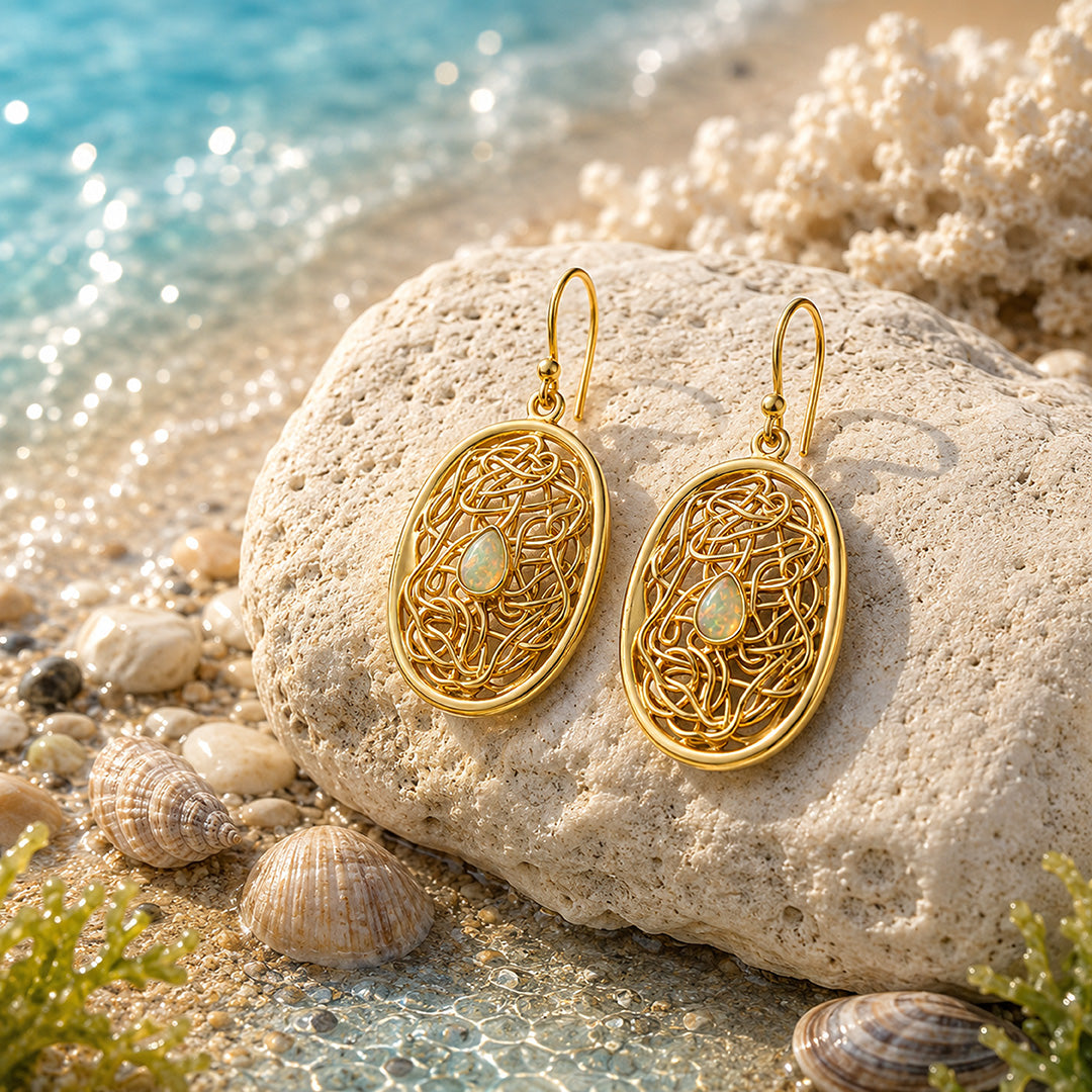 Modern Filigree Opal 925 Sterling Silver Earrings