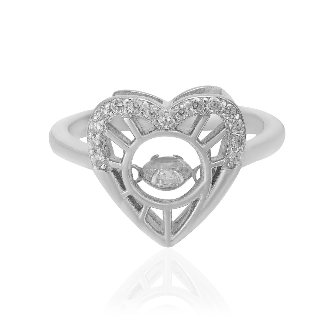 Modern Framed Heart Rhodium Plated Centered Stone Rings