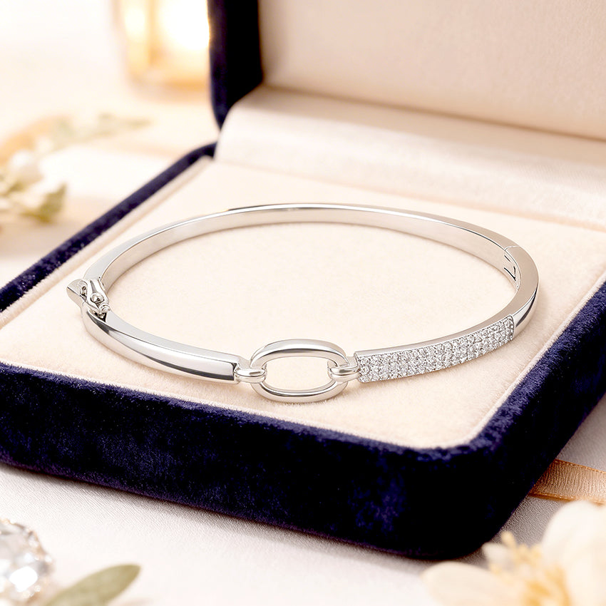 Modern Oval Link Stone Sparkle 925 Sterling Silver Kada for Women
