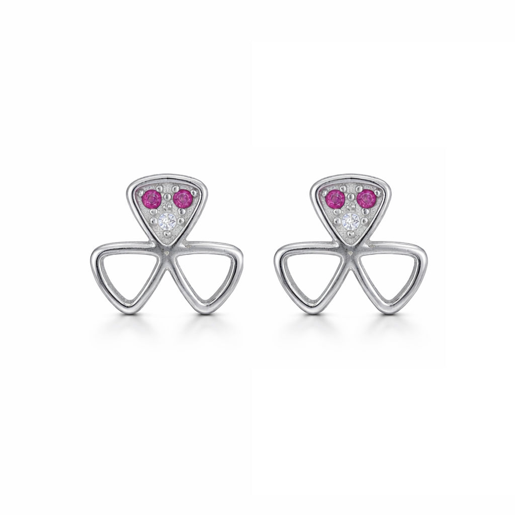 Pair of silver earrings with pink gemstones on a white background