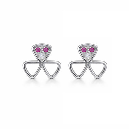 Pair of silver earrings with pink gemstones on a white background