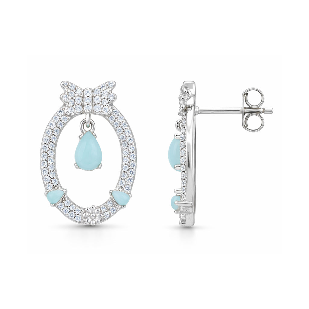 Silver earrings with blue teardrop-shaped stones on a white background