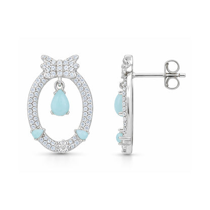 Silver earrings with blue teardrop-shaped stones on a white background