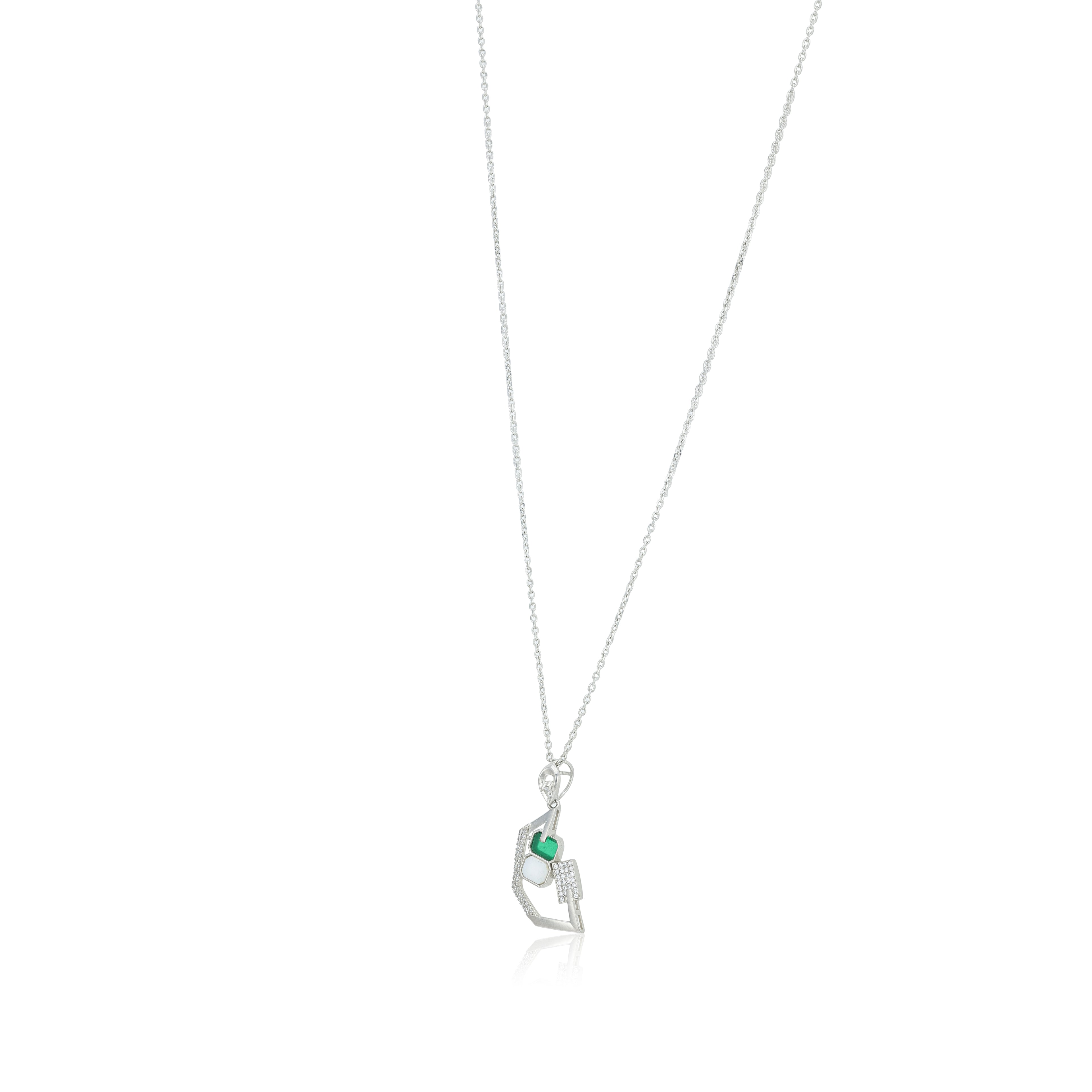 Modernist Green Emerald &amp; Crystal Silver Pendant