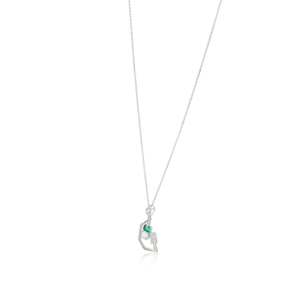 Modernist Green Emerald &amp; Crystal Silver Pendant