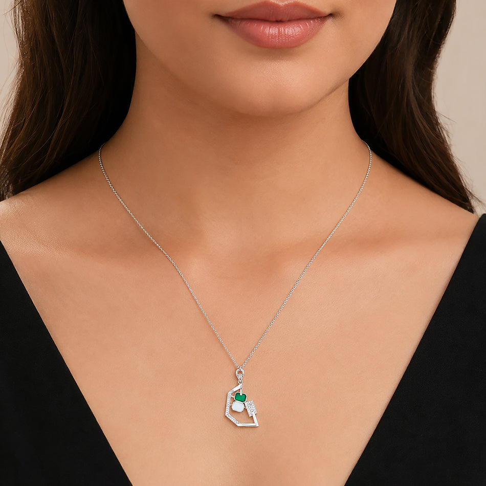 Modernist Green Emerald &amp; Crystal Silver Pendant