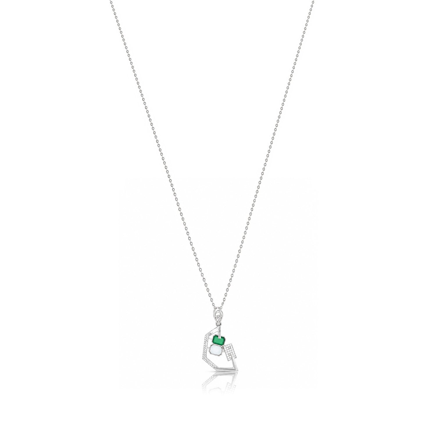 Modernist Green Emerald &amp; Crystal Silver Pendant