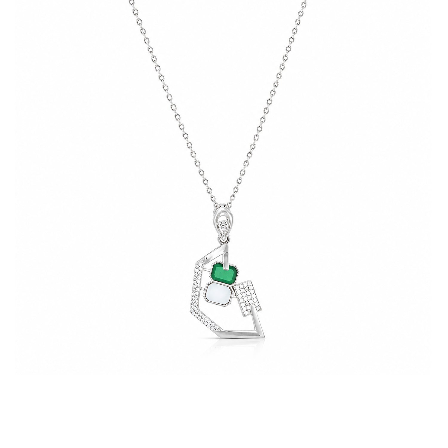 Modernist Green Emerald &amp; Crystal Silver Pendant