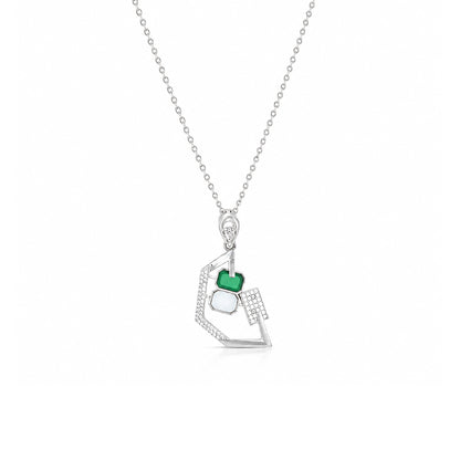 Modernist Green Emerald &amp; Crystal Silver Pendant
