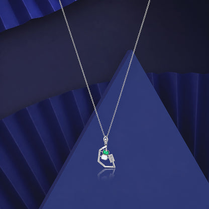 Modernist Green Emerald &amp; Crystal Silver Pendant