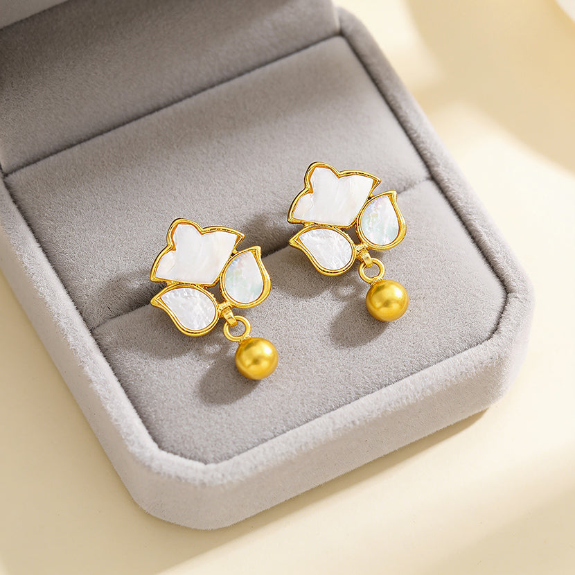 Mother Of Pearl 925 Sterling Silver Floral Drop Earrings