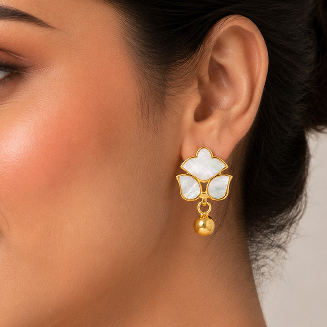 Motherofpearl Floral 925 Sterling Silver Golden Drop Earrings