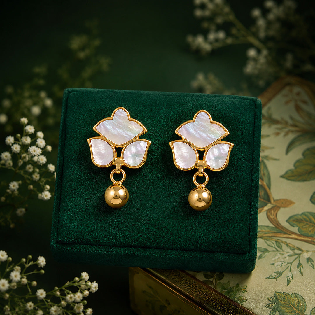 Motherofpearl Floral 925 Sterling Silver Golden Drop Earrings
