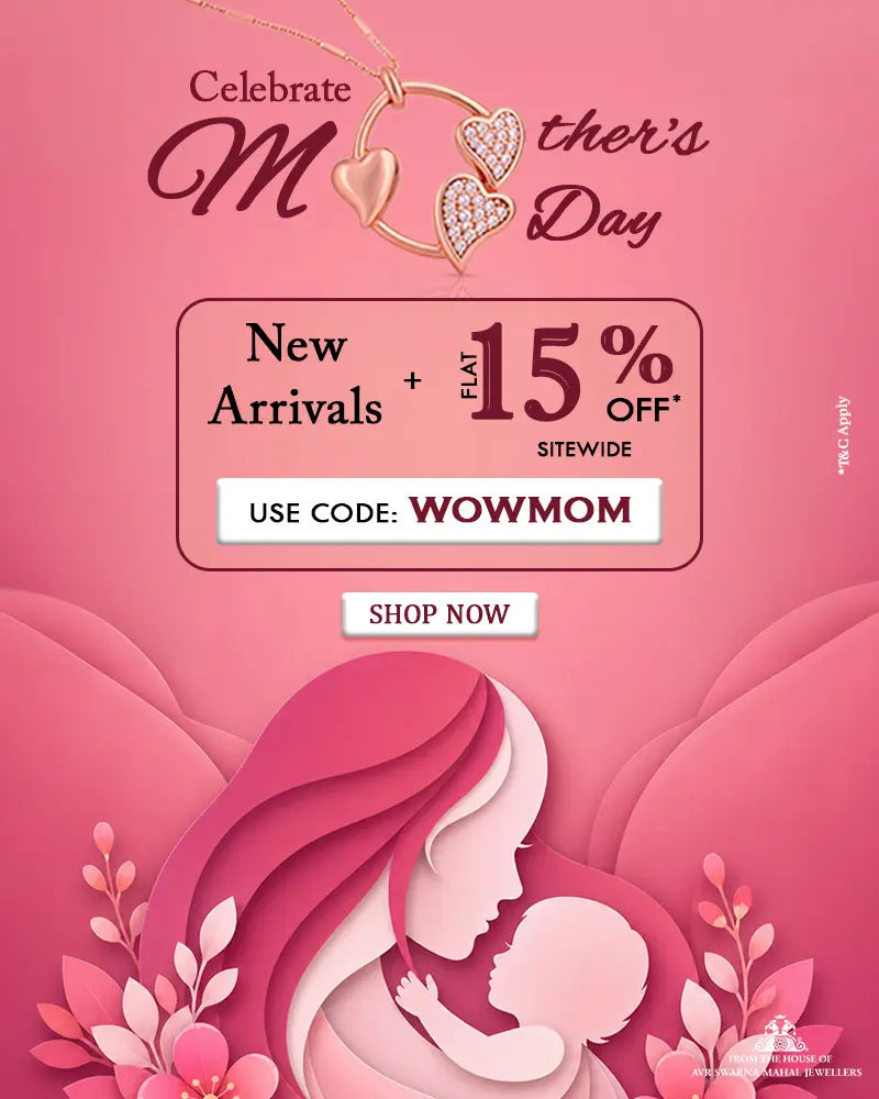 Promotional graphic for Mother's Day with jewelry and a woman holding a child on a pink background.