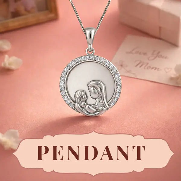 Silver pendant with religious design on a pink background