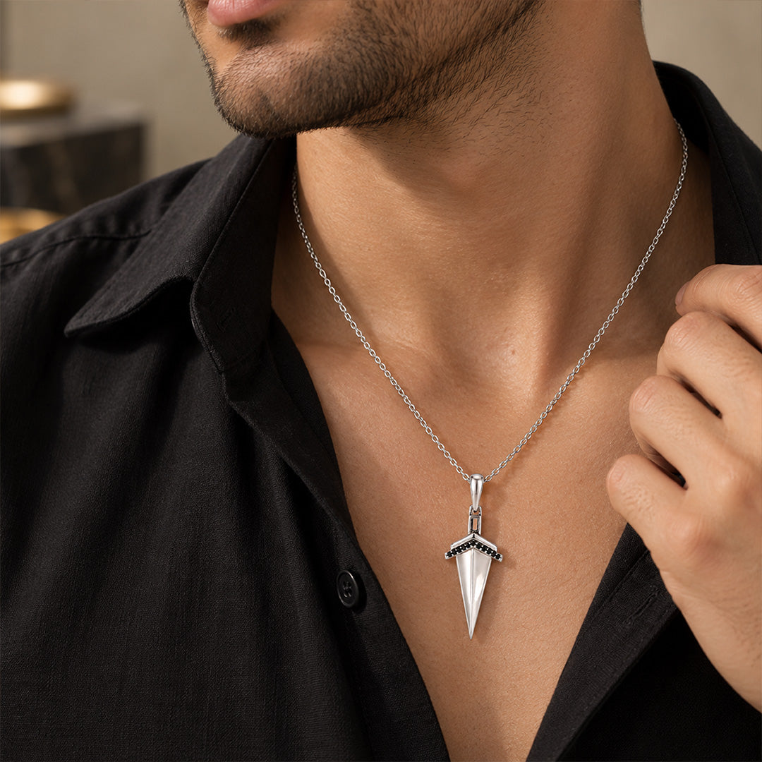 Mystic Black Stone Arrowhead Silver Pendant