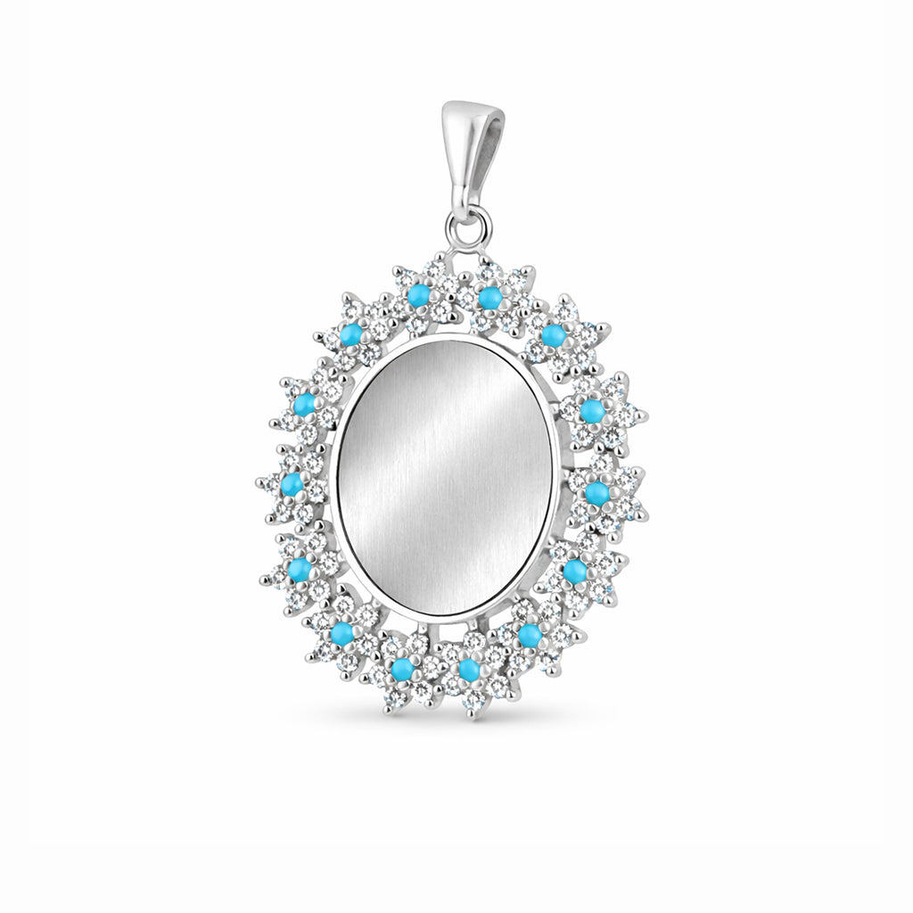 Mystic Blue Crystal Sunburst Medallion 925 Sterling Silver Engraving Pendant for women