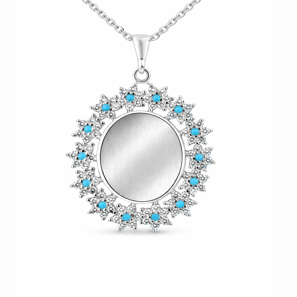 Mystic Blue Crystal Sunburst Medallion 925 Sterling Silver Engraving Pendant for women