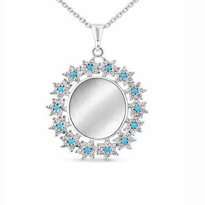Mystic Blue Crystal Sunburst Medallion 925 Sterling Silver Engraving Pendant for women