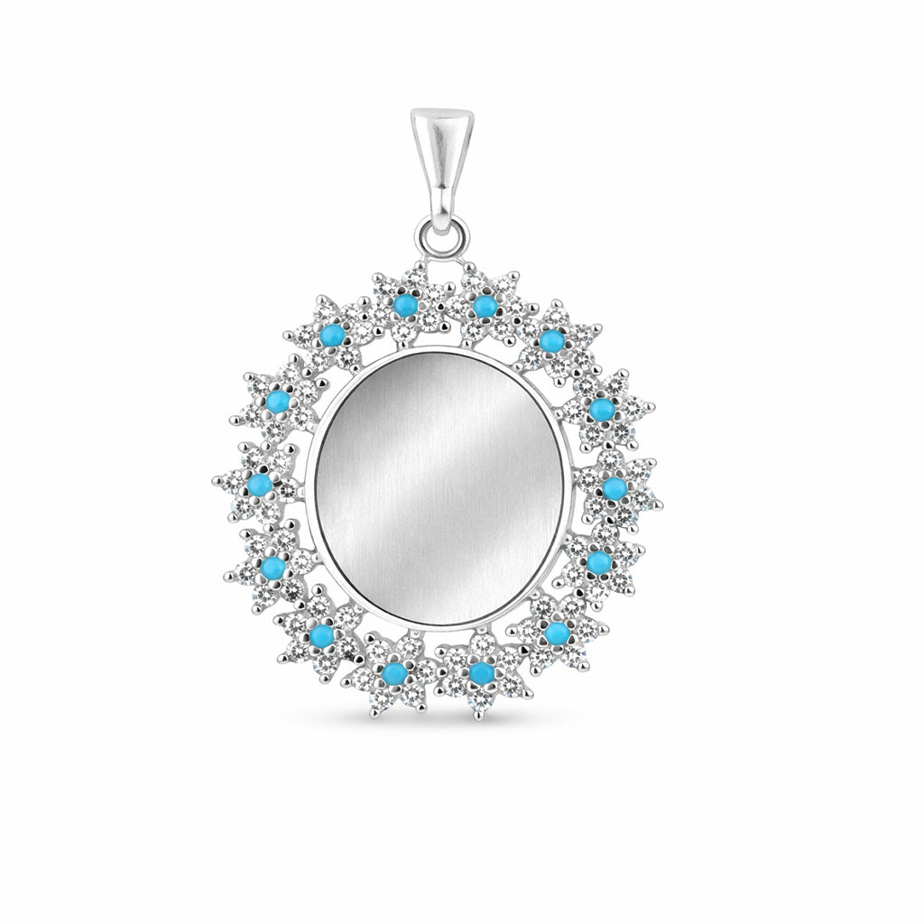 Mystic Blue Crystal Sunburst Medallion 925 Sterling Silver Engraving Pendant for women