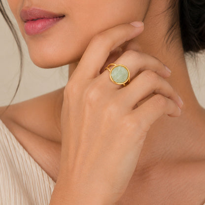 Mystic Green Stone Golden Circular Sculptural Designer Ring