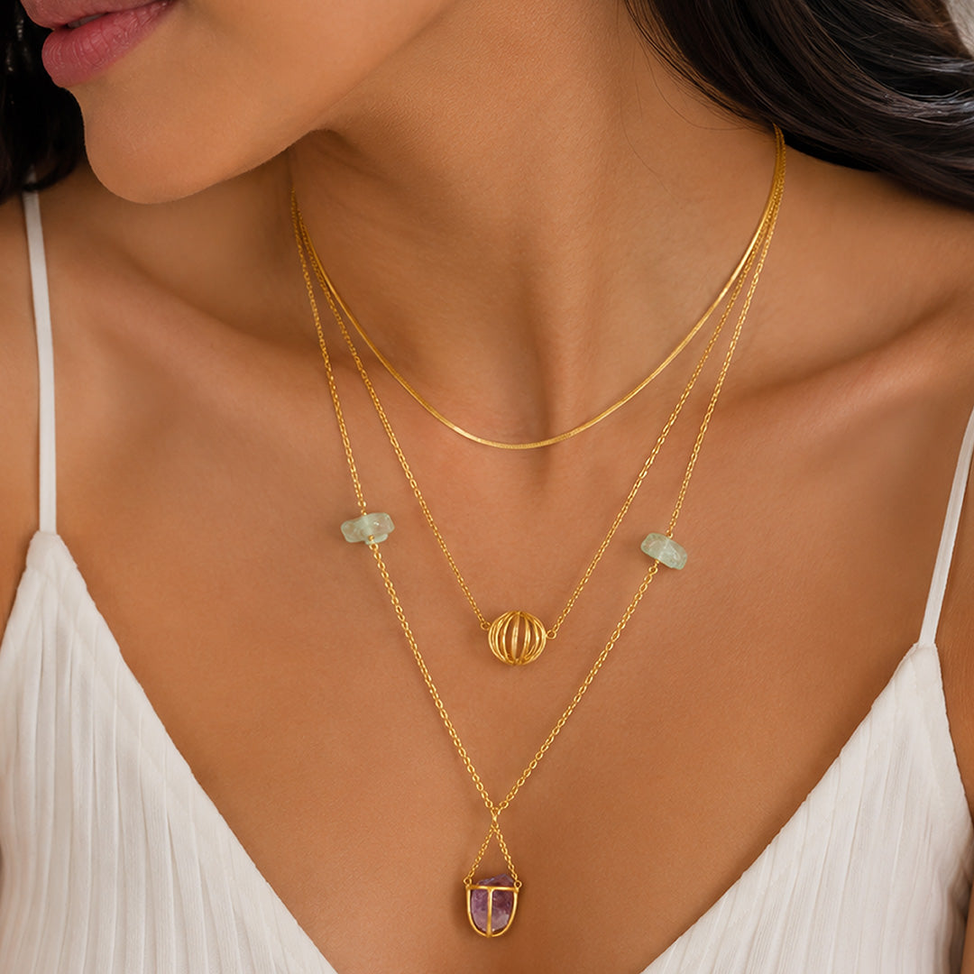 Mystic Amethyst Drop Golden Geometric Designer Pendant Chain