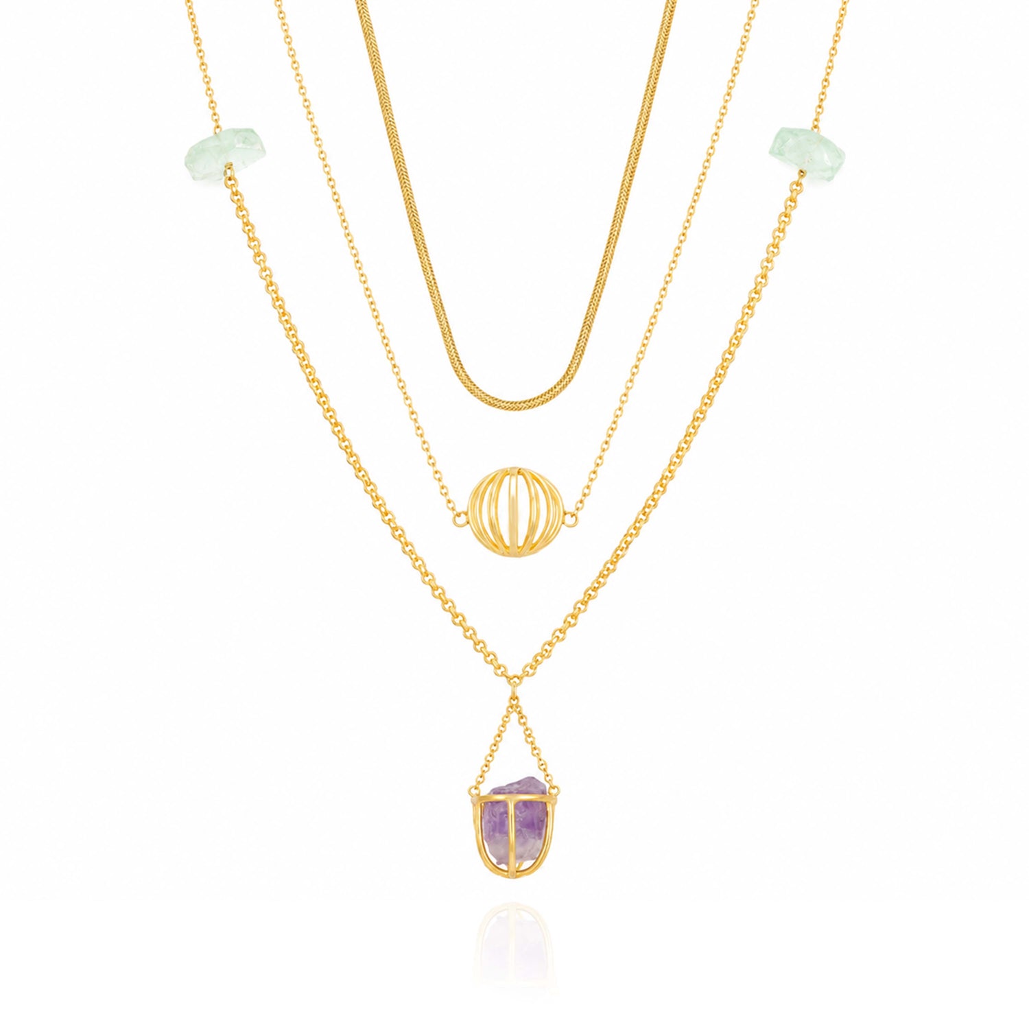 Mystic Amethyst Drop Golden Geometric Designer Pendant Chain