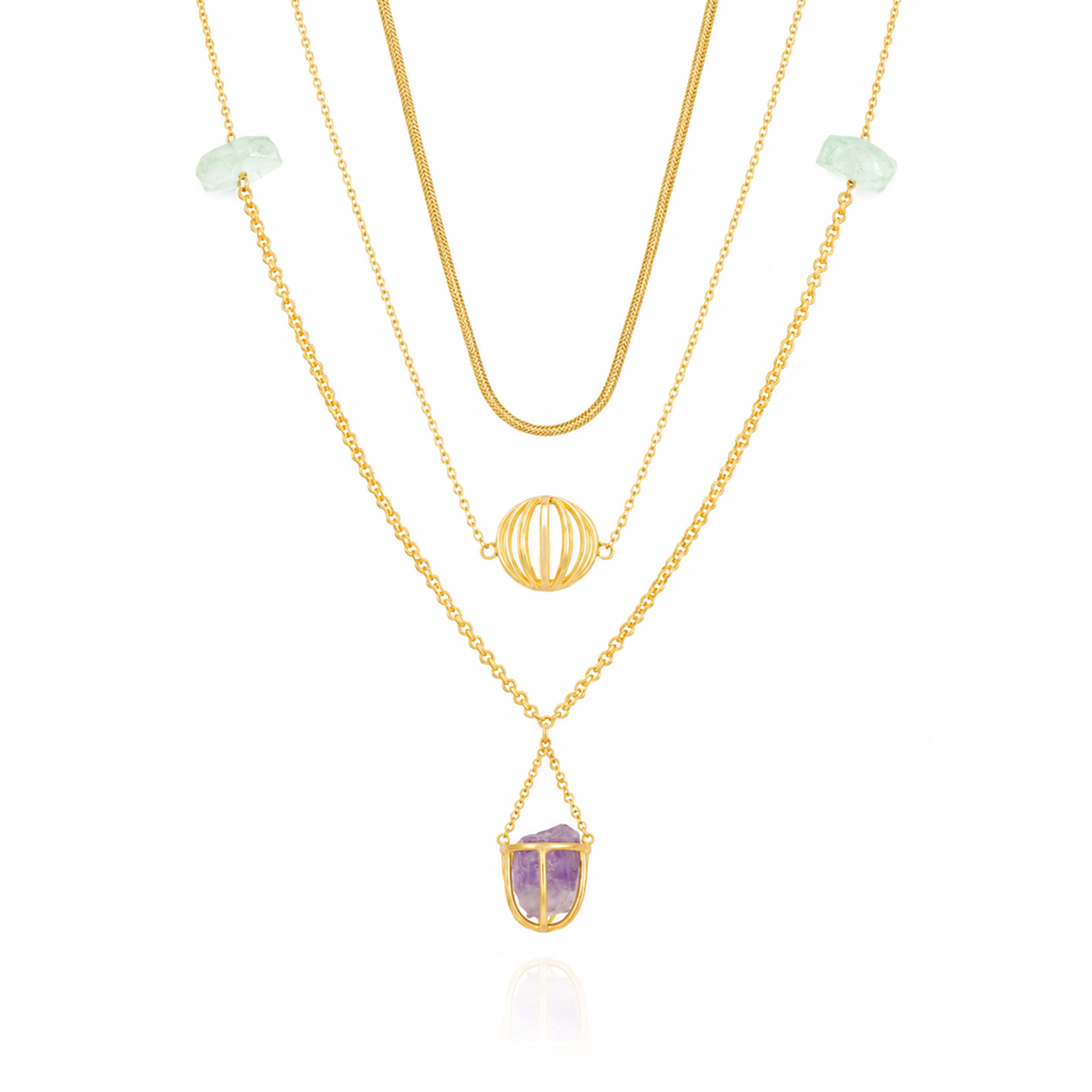 Mystic Amethyst Drop Golden Geometric Designer Pendant Chain