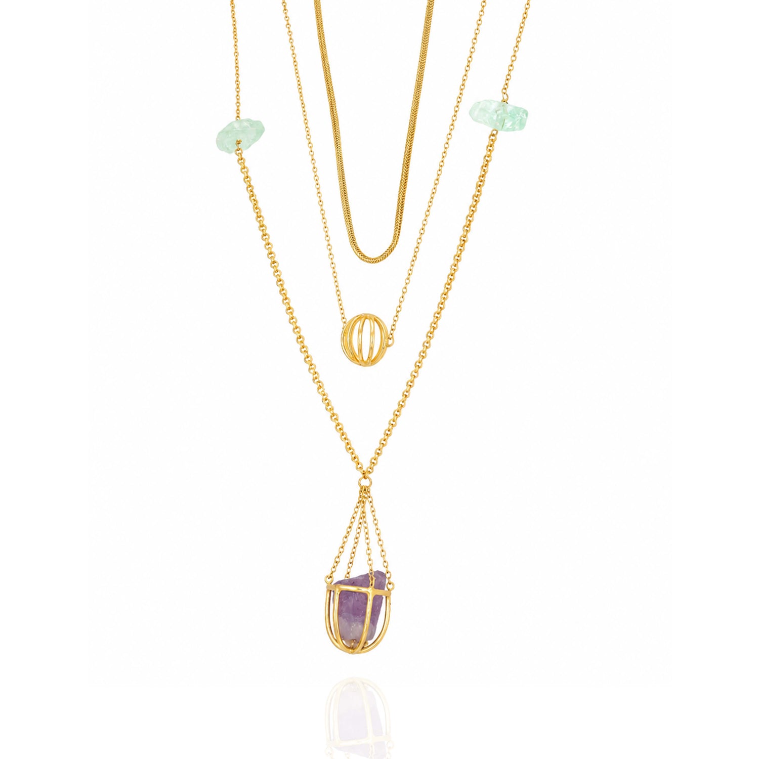 Mystic Amethyst Drop Golden Geometric Designer Pendant Chain