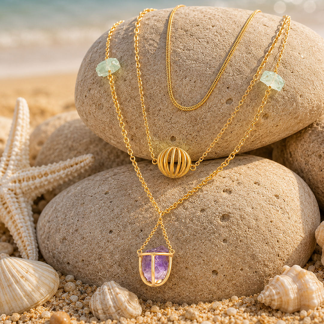 Mystic Amethyst Drop Golden Geometric Designer Pendant Chain
