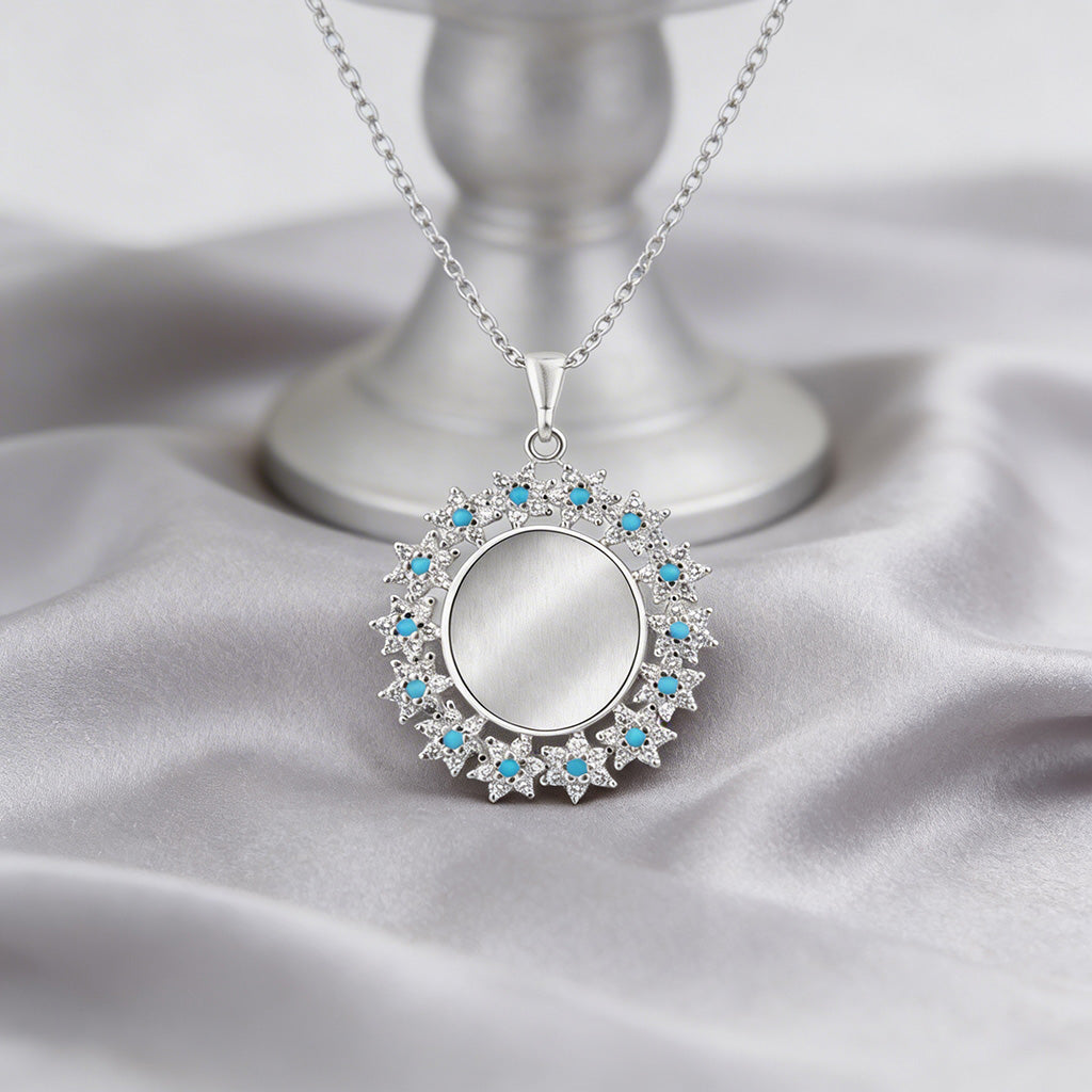 Mystic Blue Crystal Sunburst Medallion 925 Sterling Silver Engraving Pendant for women