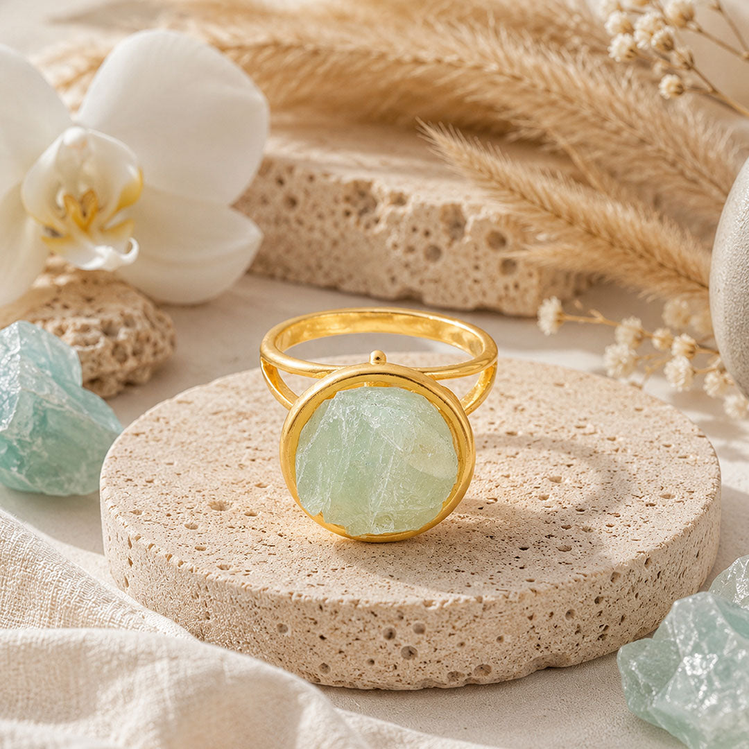 Mystic Green Stone Golden Circular Sculptural Designer Ring