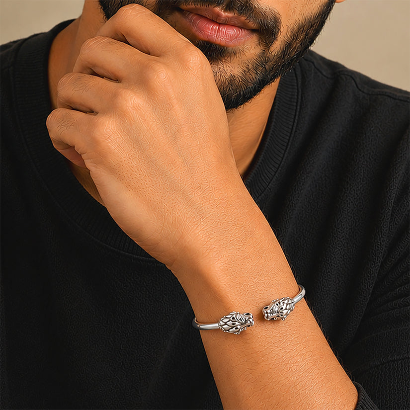 Mythical Double Dragon Head Sterling Silver Kada