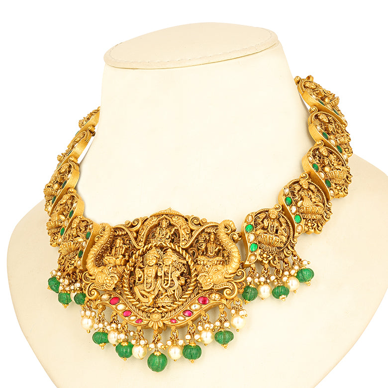 Nakshi Sivan Parvathi Green Bead 925 Sterling Silver Haram for women