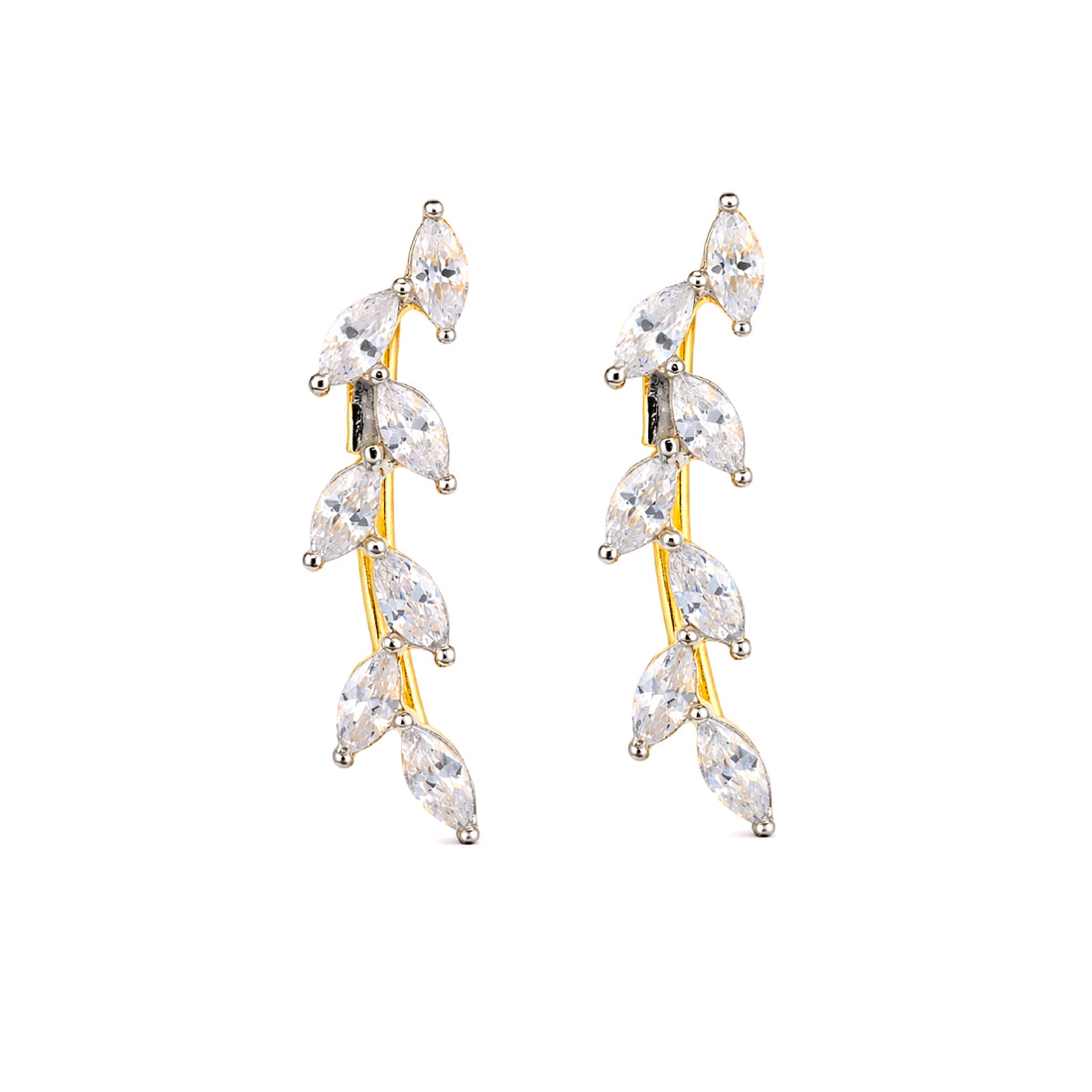 Gold and clear leaf-shaped earrings on a white background
