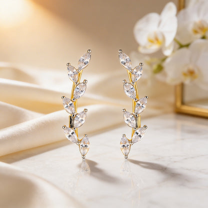 Natural Leaves 925 Sterling Silver Climber Earrings for Women