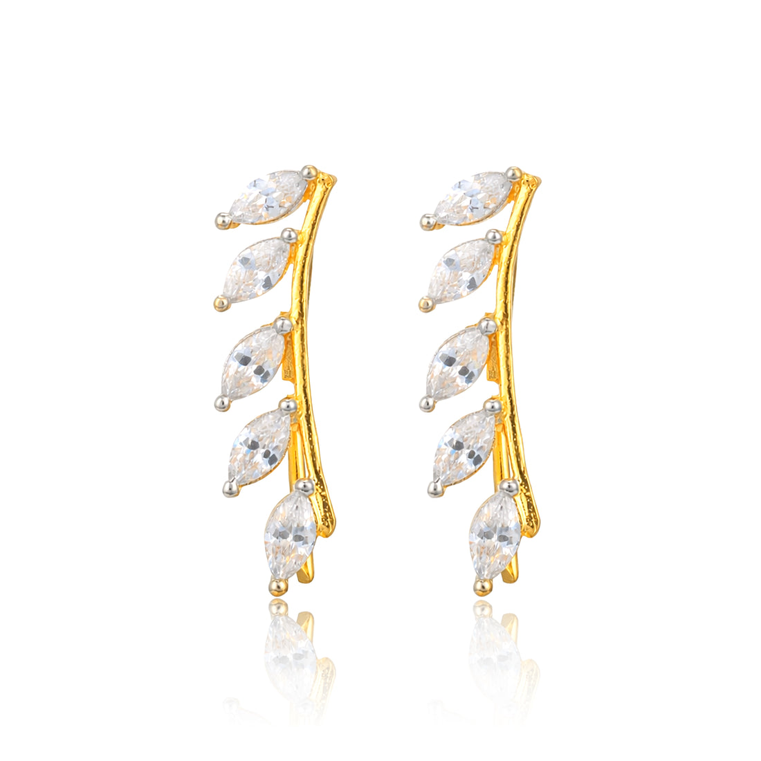 Gold earrings with diamond-like stones on a white background
