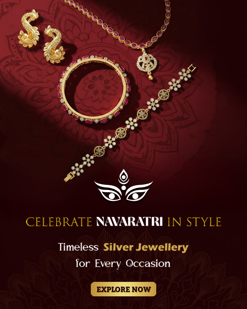 Jewellery set including earrings, bangles, and necklace on a dark red background with 'Celebrate Navaratri in Style' text.