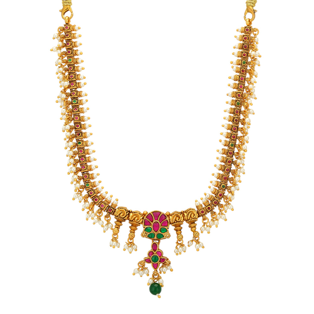 Nostalgic Green Red Stone 925 Gold Plated Pearl Drop Haram
