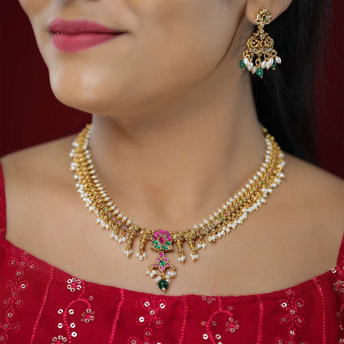 Nostalgic Green Red Stone 925 Gold Plated Pearl Drop Haram