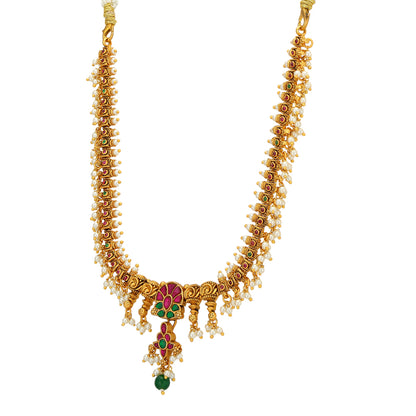 Nostalgic Green Red Stone 925 Gold Plated Pearl Drop Haram