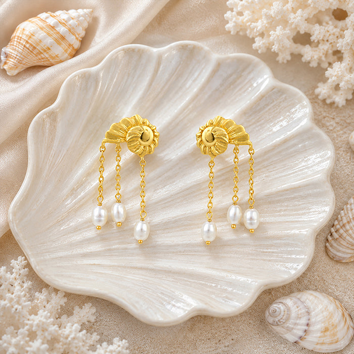 Ocean Shell 925 Sterling Silver Pearl Chain Earrings