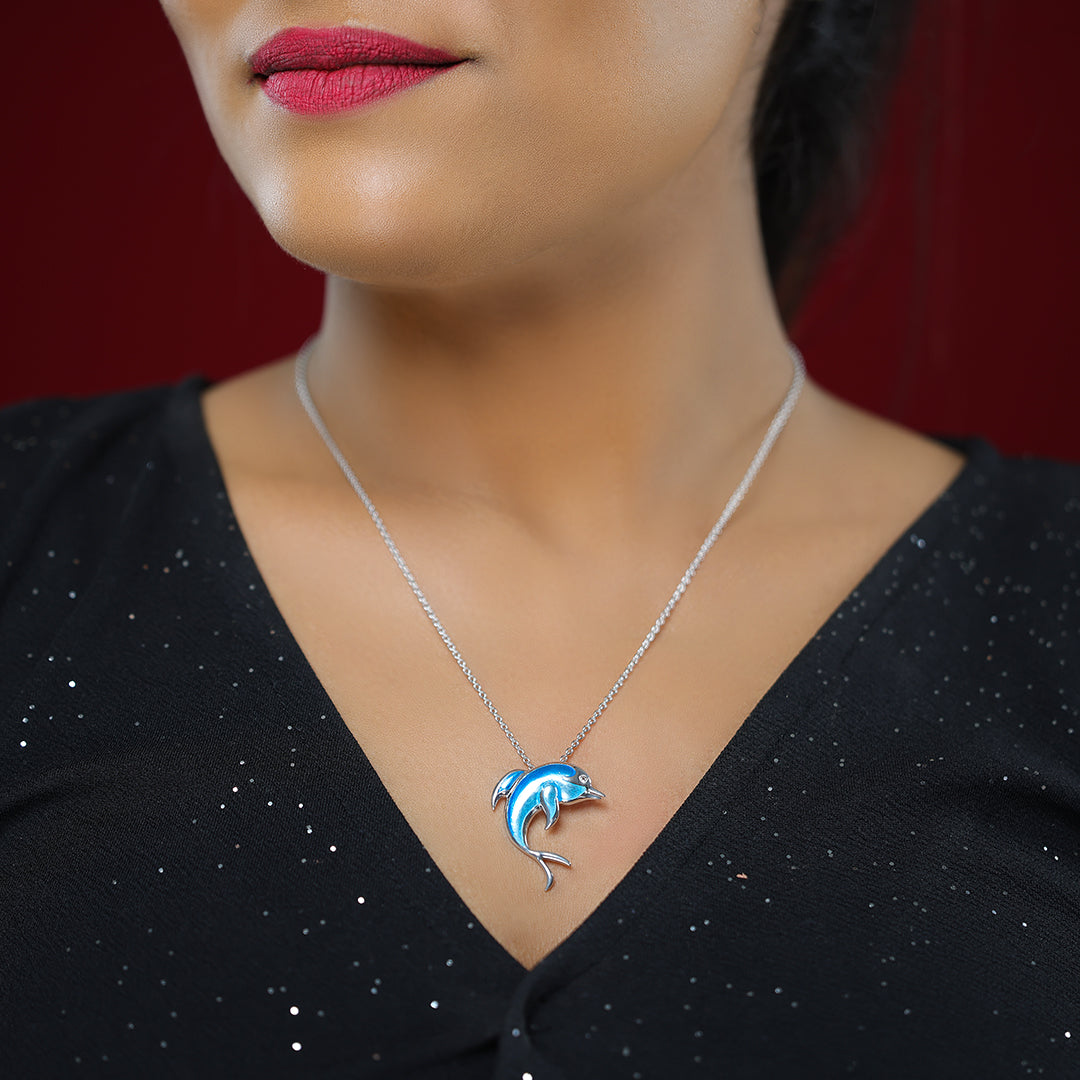 Ocean s Solitude Dolphin Rhodium Plated Chain Pendants