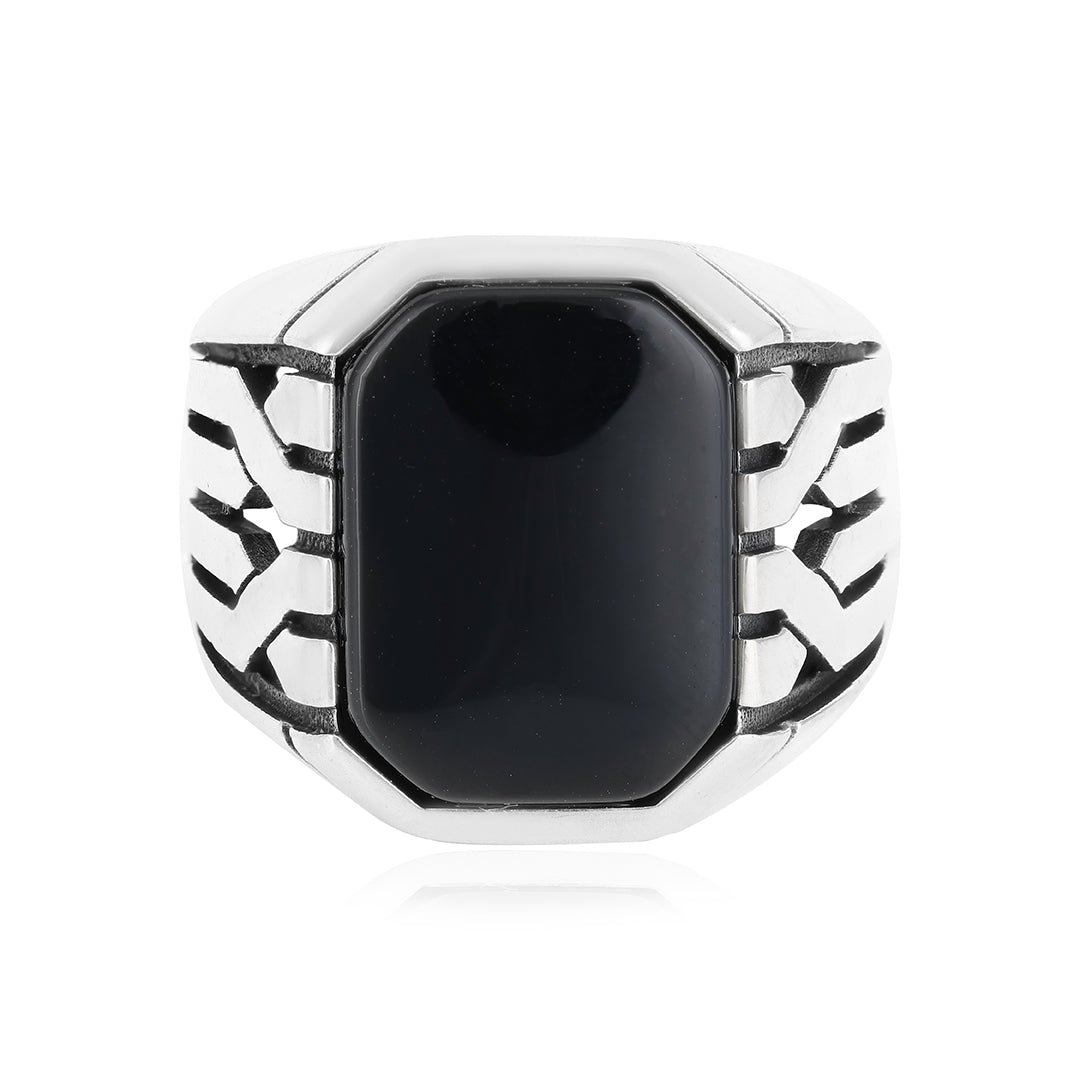 Octa Black Agate Oxidised Cross Pattern Ring